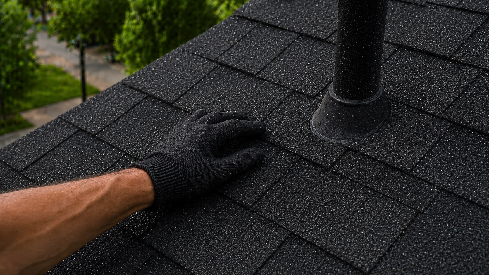 Roofer wearing a rubber-coated glove checks a repaired roof vent boot on wet architectural shingles after rain.