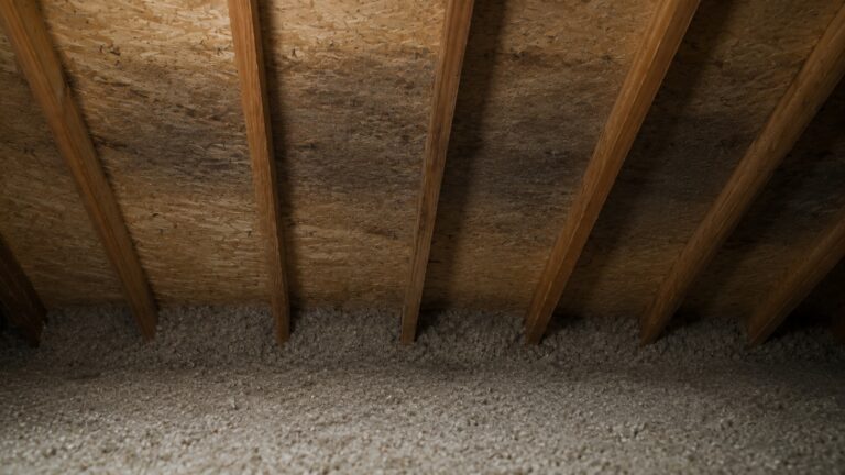 Attic roof sheathing with broad damp staining, visible rafters, and insulation packed near the eaves suggesting poor airflow.