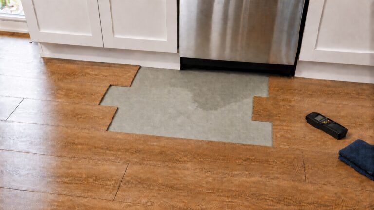 Kitchen floor planks removed near a dishwasher to expose underlayment and check for persistent moisture under the floor