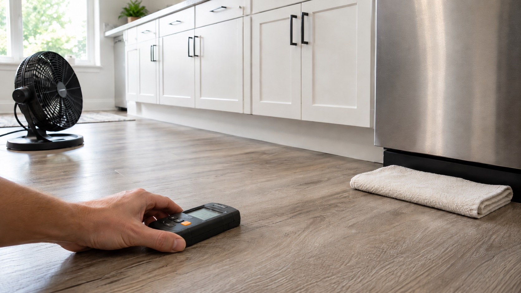 Pinless moisture meter held flat against a kitchen floor seam near a stainless appliance, with a towel and fan used for preventive drying.