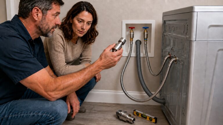 Plumber and homeowner evaluating where to install washing machine hose burst protection devices beside hot and cold supply valves.