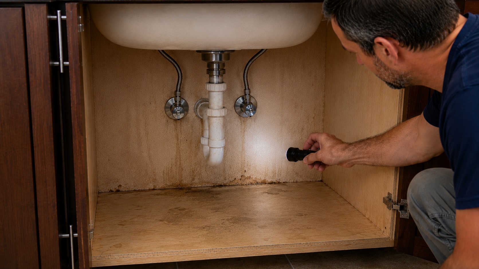 A man uses a flashlight to inspect water damage and plumbing under a sink cabinet, with visible stains, PVC drain piping, and shutoff valves.