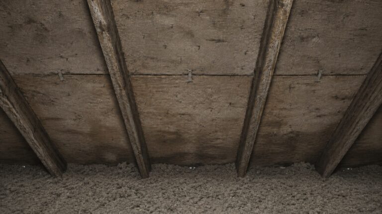 Aged attic roof decking with visible nail tips, rafters, insulation packed near the soffit, and faint moisture staining from poor ventilation.