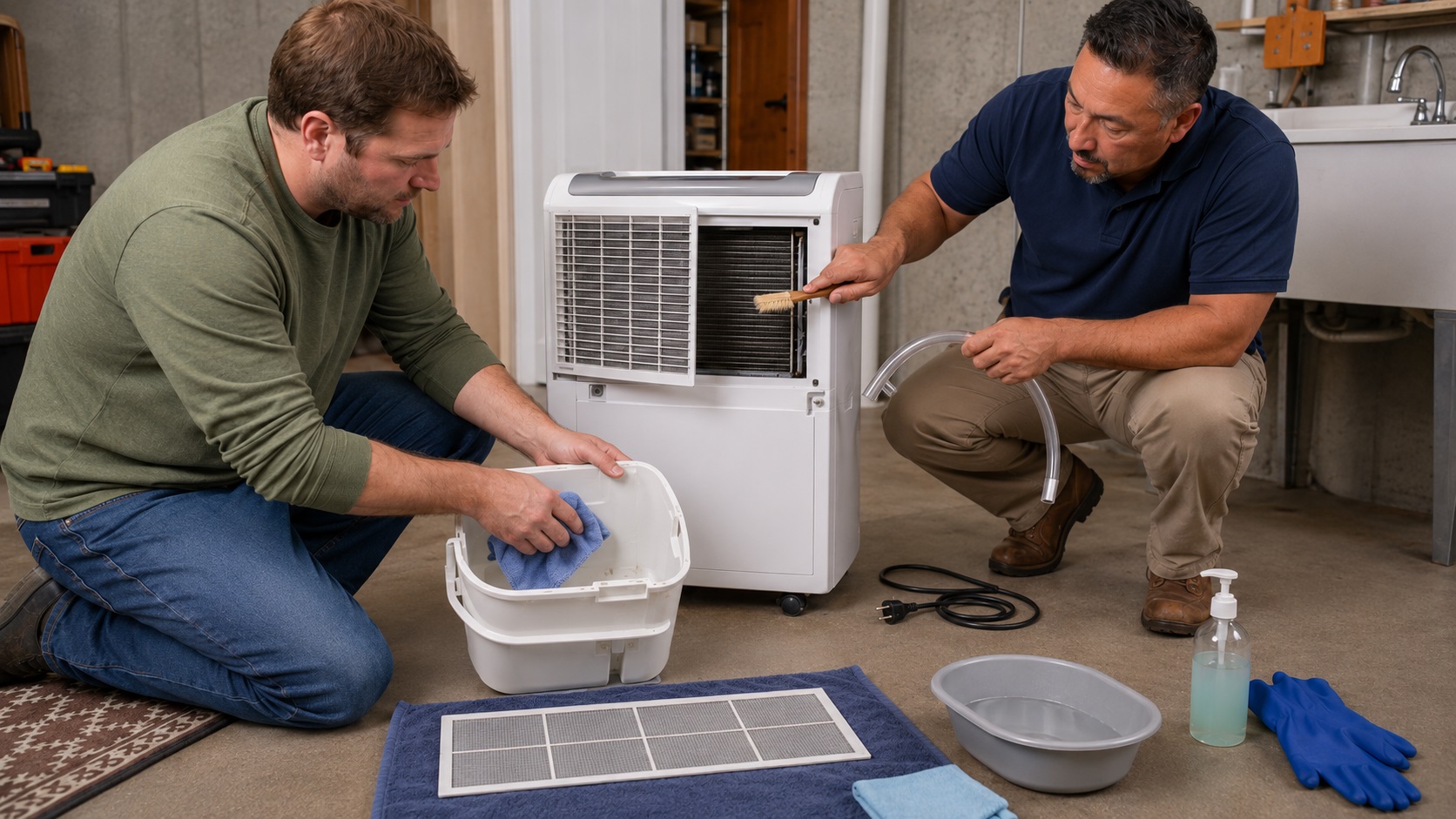 Homeowner cleaning a portable dehumidifier while a professional inspects its drain hose and gently brushes the internal coils in a laundry room.