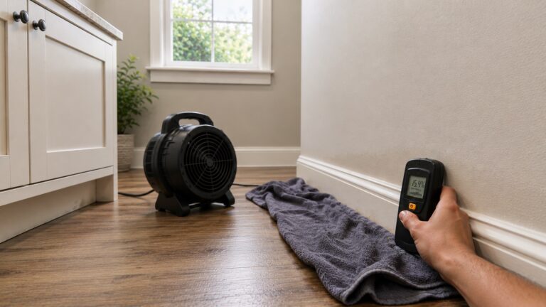 A homeowner checks a lower wall with a pinless moisture meter while a small fan and towel dry a damp baseboard area after a minor water leak.