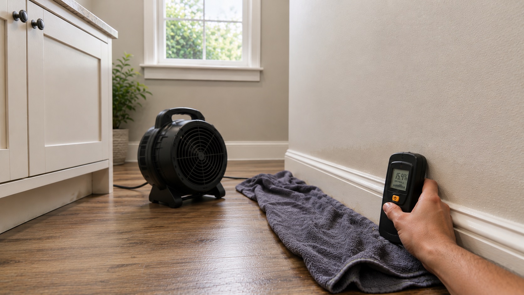 A homeowner checks a lower wall with a pinless moisture meter while a small fan and towel dry a damp baseboard area after a minor water leak.
