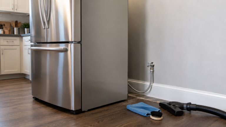 Stainless steel refrigerator pulled near a wall with a water line, vacuum hose, microfiber cloth, and brush for cleaning behind the appliance.