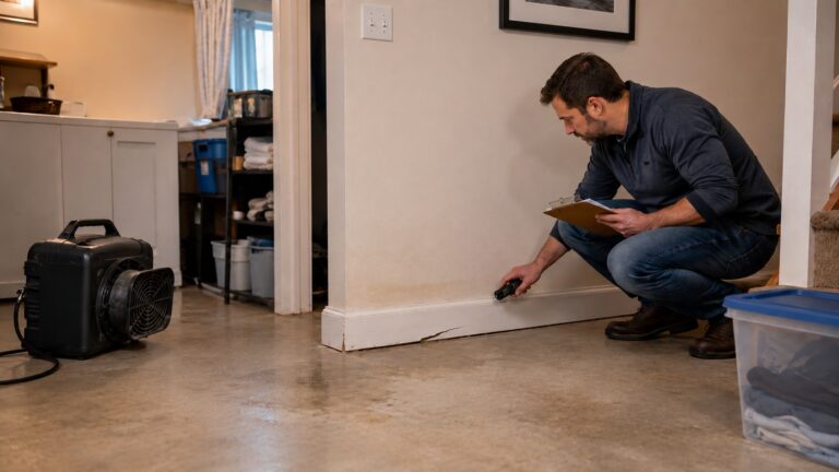 Homeowner using a moisture meter to inspect lower-wall staining and damaged baseboard while an air mover dries a damp basement floor.
