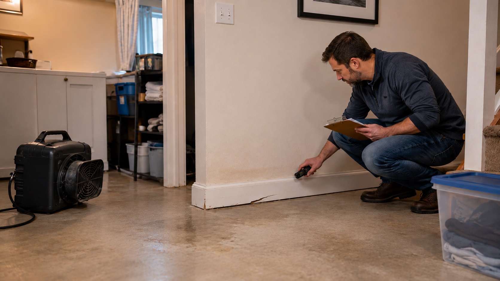 Homeowner using a moisture meter to inspect lower-wall staining and damaged baseboard while an air mover dries a damp basement floor.