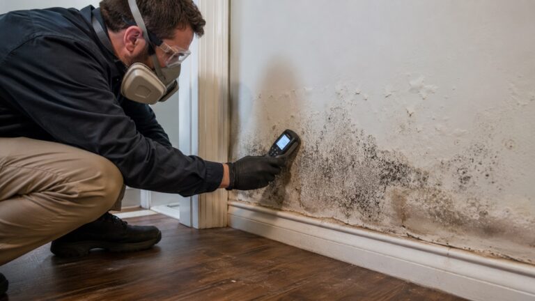 Mold remediation professional using a moisture meter to inspect mold and water damage on an interior wall before estimating removal costs.