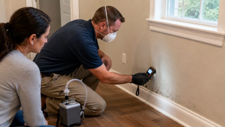 Mold inspector using a moisture meter near a lightly stained wall and baseboard while a homeowner observes during a residential mold inspection.