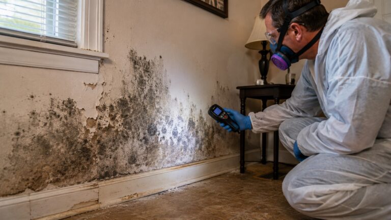 Mold remediation professional inspecting a damp, mold-damaged wall and baseboard with a moisture meter.