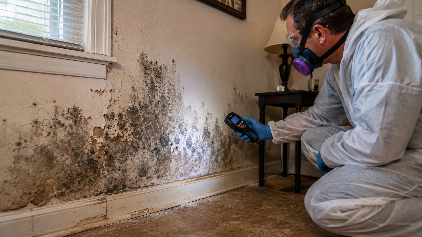 Mold remediation professional inspecting a damp, mold-damaged wall and baseboard with a moisture meter.