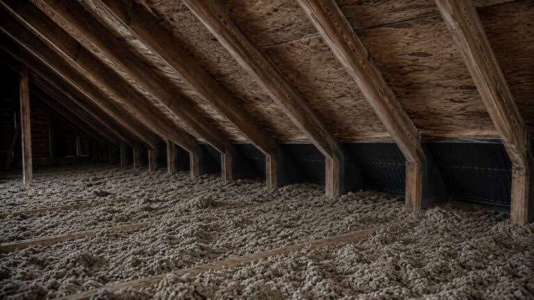 Attic with dry roof sheathing, exposed rafters, ventilation baffles near the eaves, and uneven blown-in insulation below.