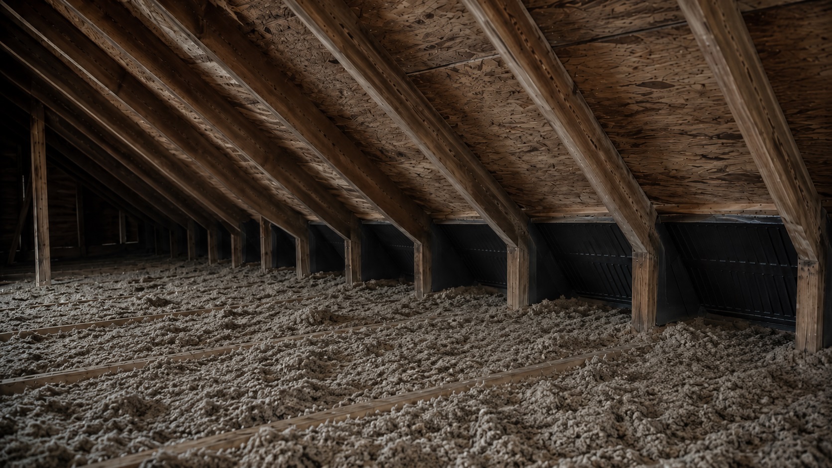 Attic with dry roof sheathing, exposed rafters, ventilation baffles near the eaves, and uneven blown-in insulation below.