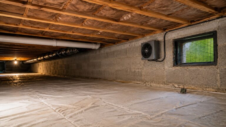 Dry crawl space with a vapor barrier, floor joist insulation, foundation vent, and crawl space fan for moisture prevention.