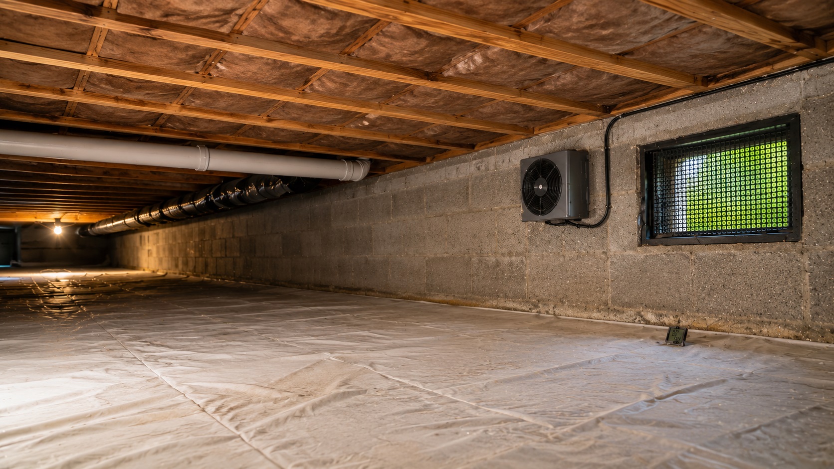 Dry crawl space with a vapor barrier, floor joist insulation, foundation vent, and crawl space fan for moisture prevention.