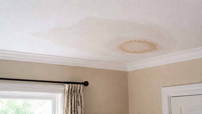 Recurring roof leak stain on a textured ceiling with an older faded patch and a newer darker water ring near the room corner.