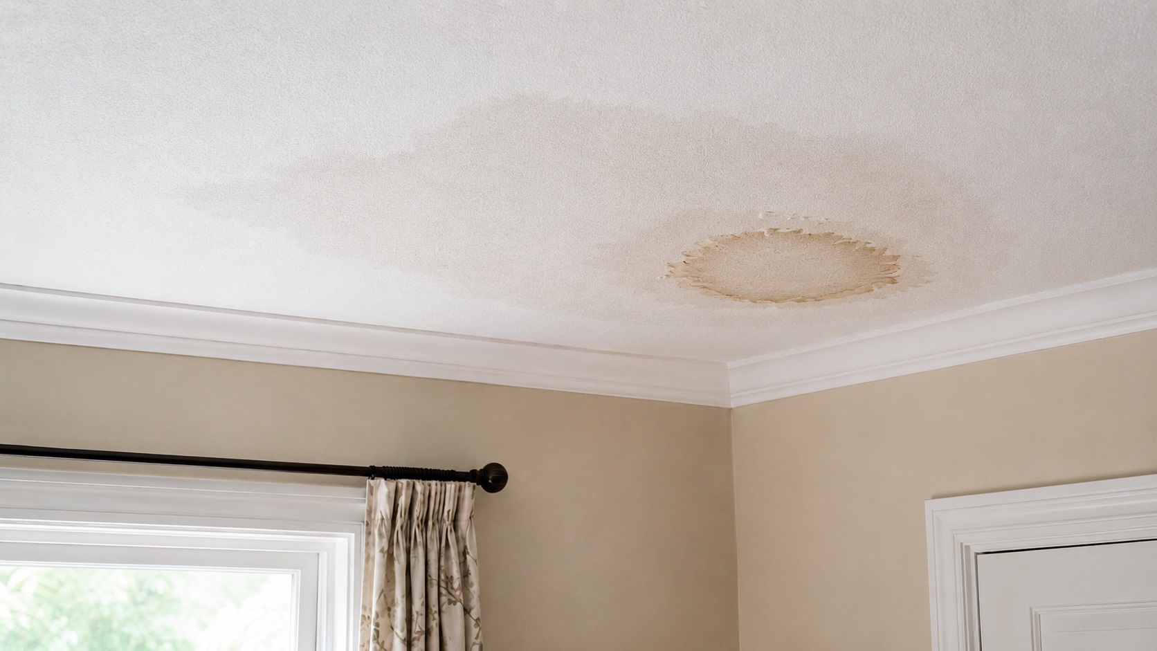 Recurring roof leak stain on a textured ceiling with an older faded patch and a newer darker water ring near the room corner.