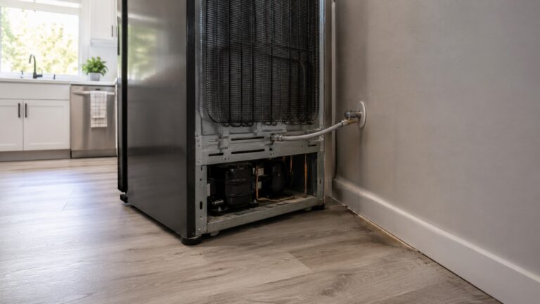 Refrigerator pulled away from a kitchen wall showing the rear coils, water line, and faint moisture staining on the floor near the baseboard.