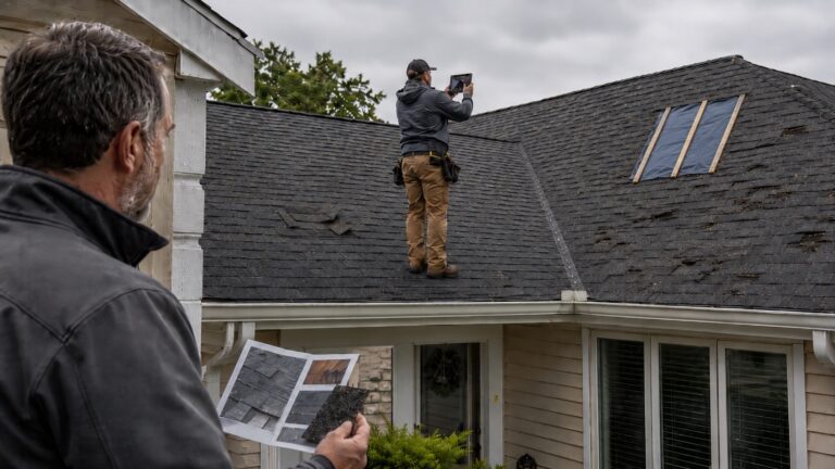 Roofing contractor documents wind and hail damage while a homeowner reviews inspection photos and a shingle sample below.