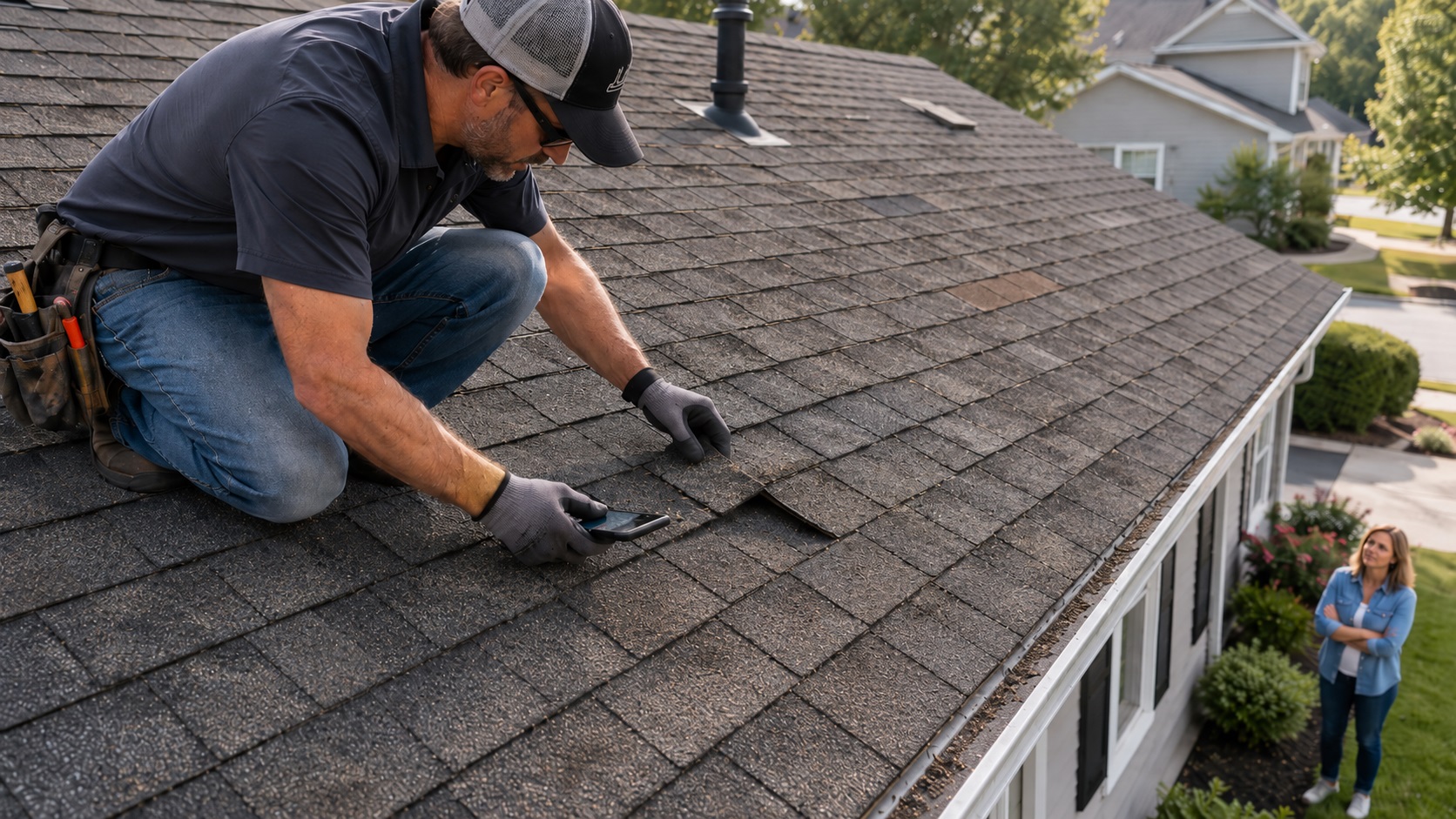 Roofing contractor inspecting a lifted asphalt shingle and documenting the condition with a phone on a weathered residential roof while the homeowner watches from the yard.