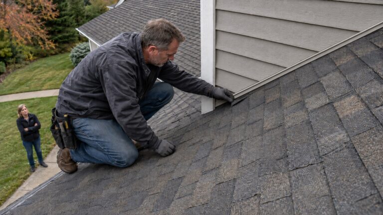 A roofing contractor kneels on an aged asphalt-shingle roof and lifts a shingle near a sidewall while a homeowner watches from the ground.