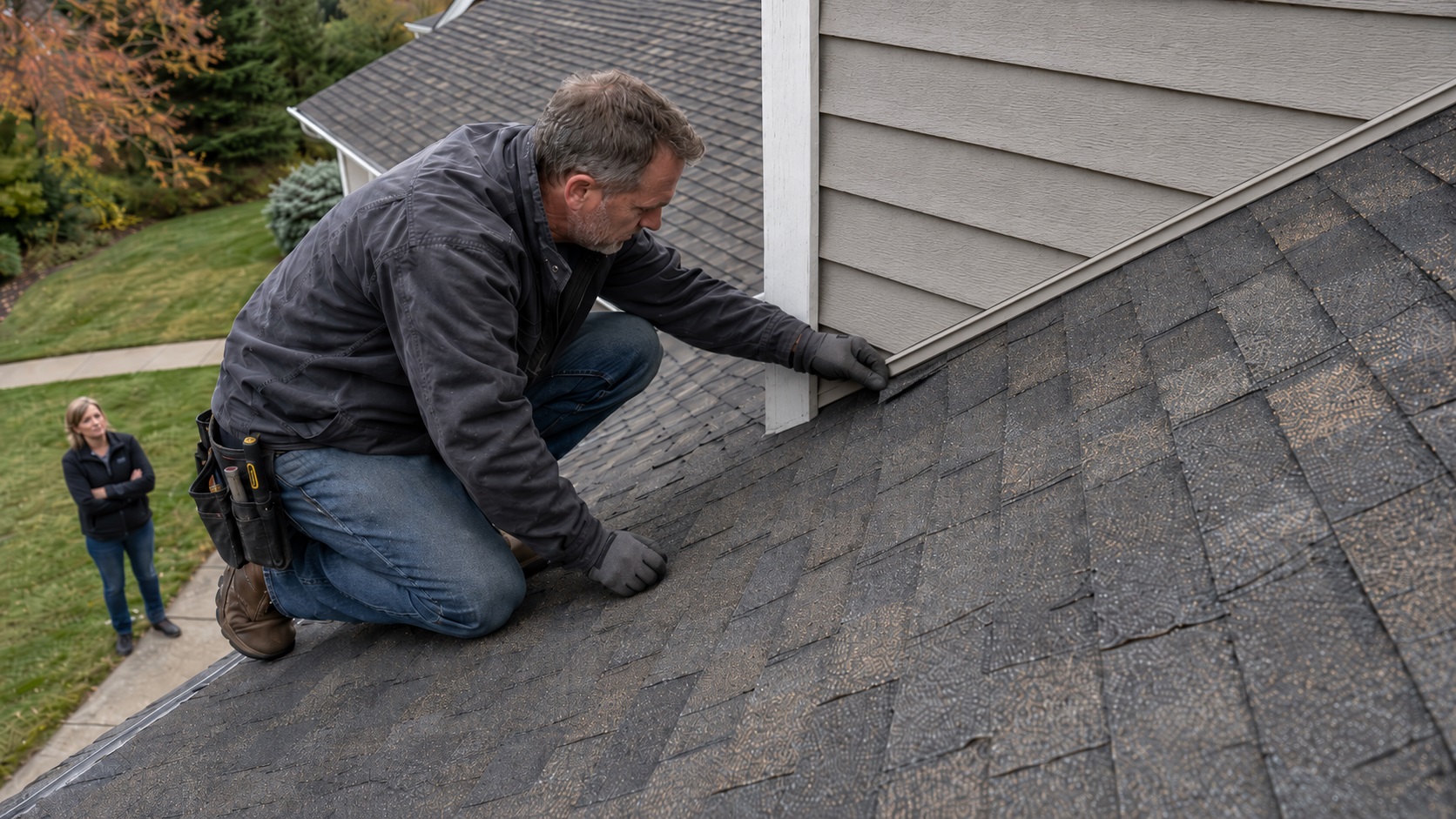 A roofing contractor kneels on an aged asphalt-shingle roof and lifts a shingle near a sidewall while a homeowner watches from the ground.