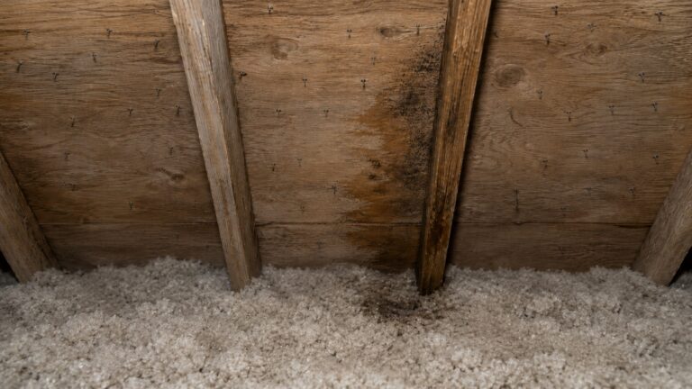 Attic roof sheathing with water staining, early mold speckling, exposed roofing nails, and damp loose-fill insulation below.