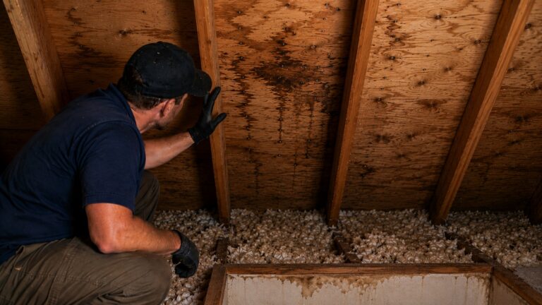 A roofing contractor kneels in an attic and inspects stained roof sheathing, exposed rafters, and visible roofing nail tips that suggest a roof leak.