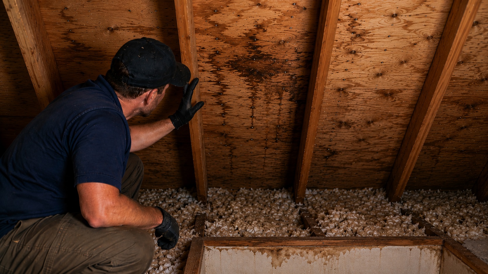 A roofing contractor kneels in an attic and inspects stained roof sheathing, exposed rafters, and visible roofing nail tips that suggest a roof leak.