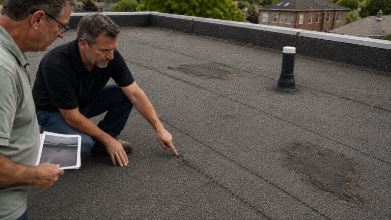 Roofing specialist pointing to a failed seam repair on an aging granulated roll roof with several dried and cracked asphalt-cement repairs.
