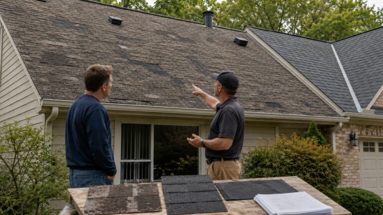 A homeowner and roofing contractor examine an aging asphalt-shingle roof with several previous repair areas while old and new roofing samples rest on a nearby table.