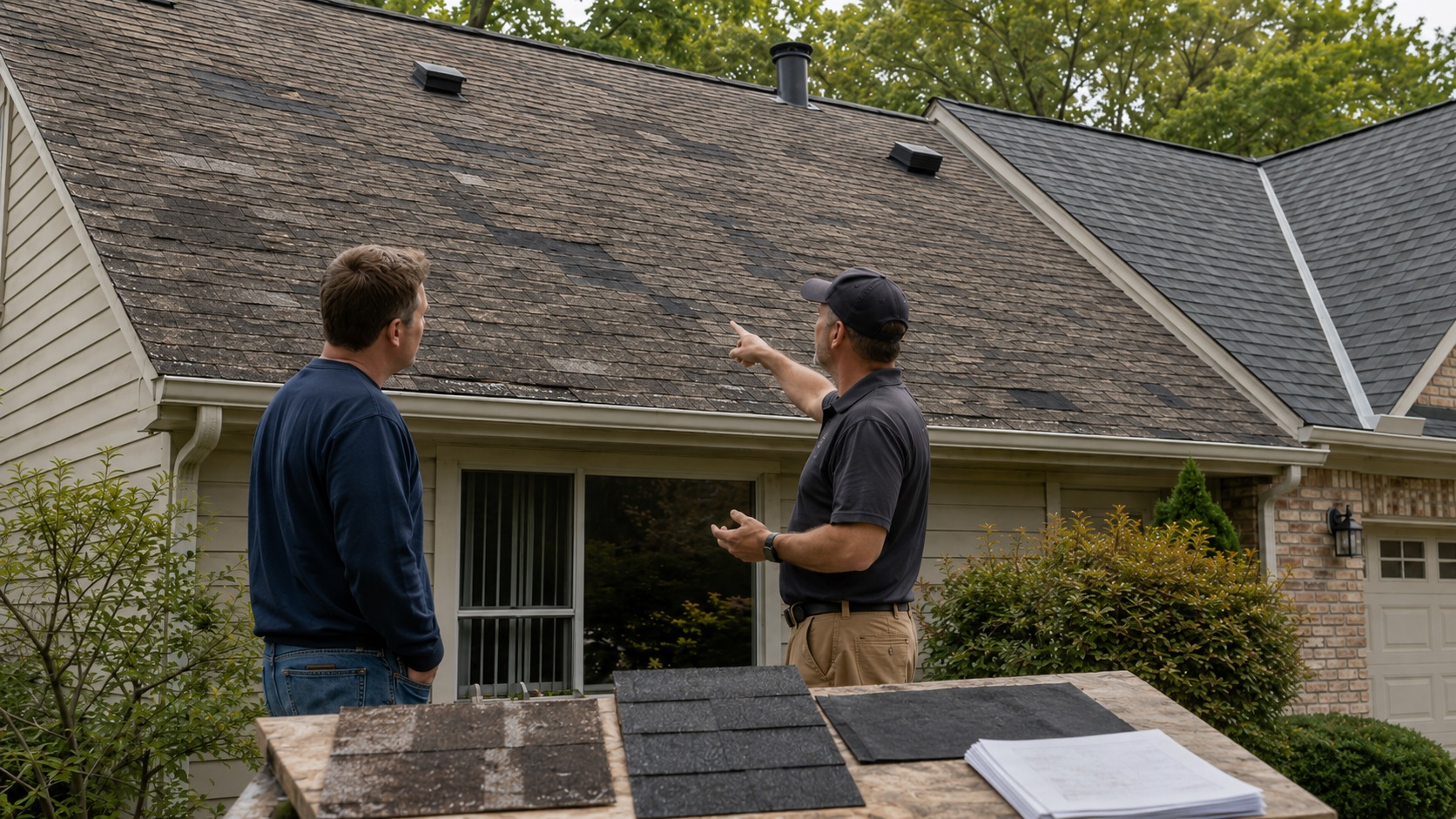 A homeowner and roofing contractor examine an aging asphalt-shingle roof with several previous repair areas while old and new roofing samples rest on a nearby table.