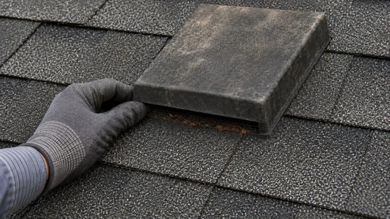 Gloved hand inspecting a weathered roof vent with debris caught in the screen on an asphalt shingle roof.