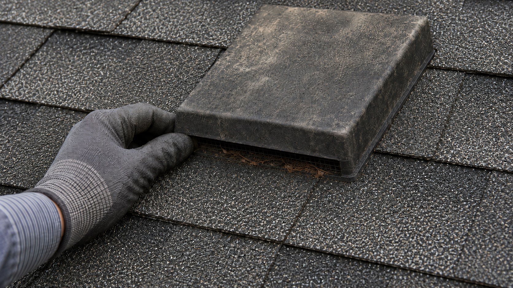 Gloved hand inspecting a weathered roof vent with debris caught in the screen on an asphalt shingle roof.