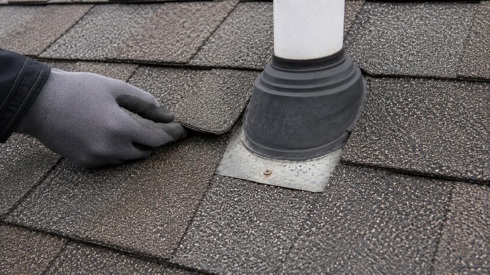 Gloved hand lifting asphalt shingles near a worn roof vent boot during a leak damage inspection.