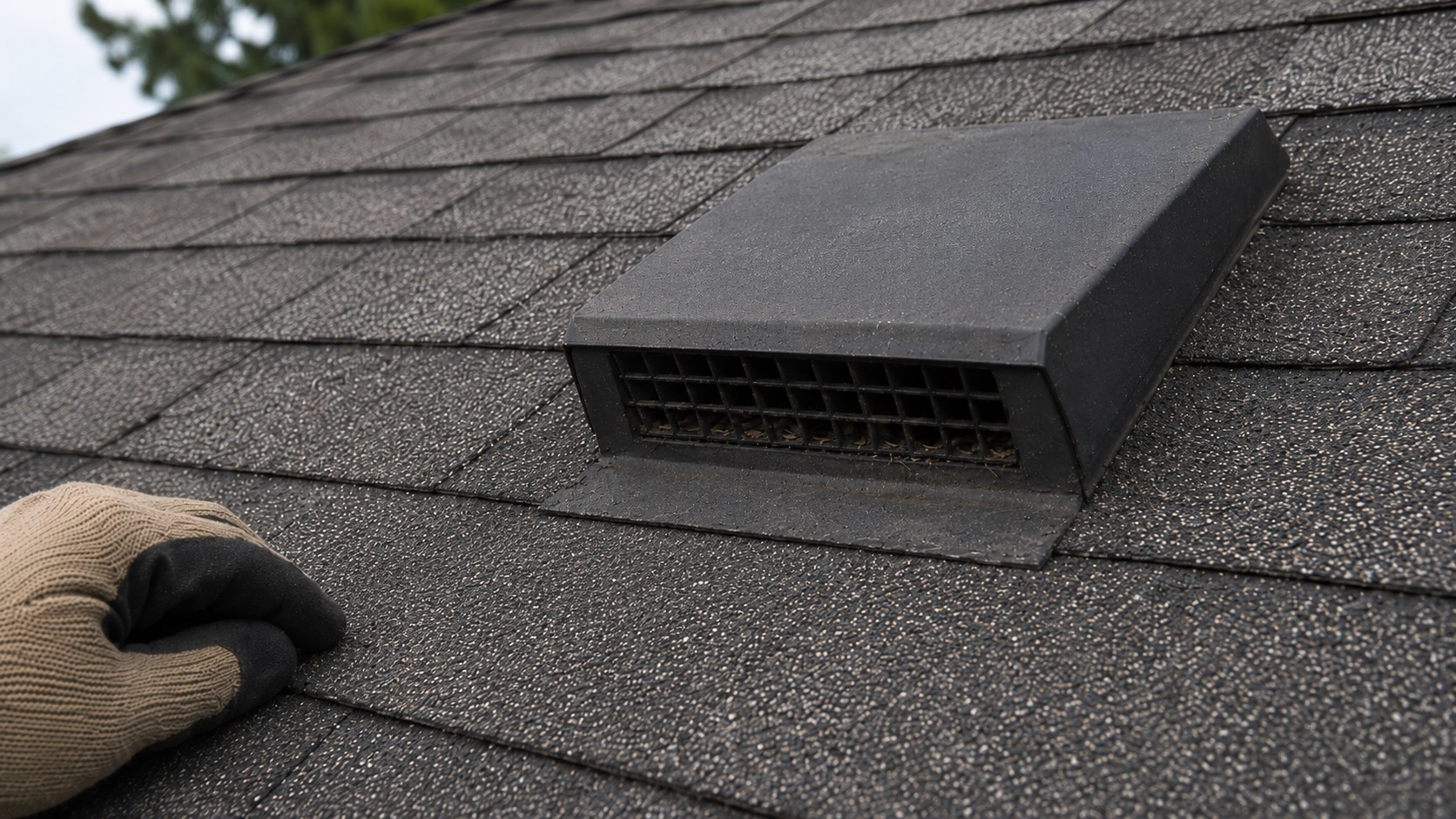 Close-up of a roof vent on asphalt shingles with debris in the grille and a gloved hand nearby during an exterior roof ventilation inspection.