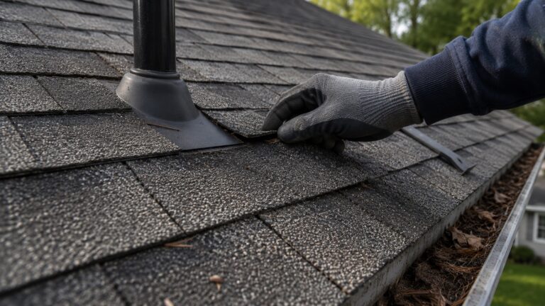 Roofer wearing rubber-coated gloves inspects asphalt shingles around a roof vent boot near a gutter with leaves and debris.