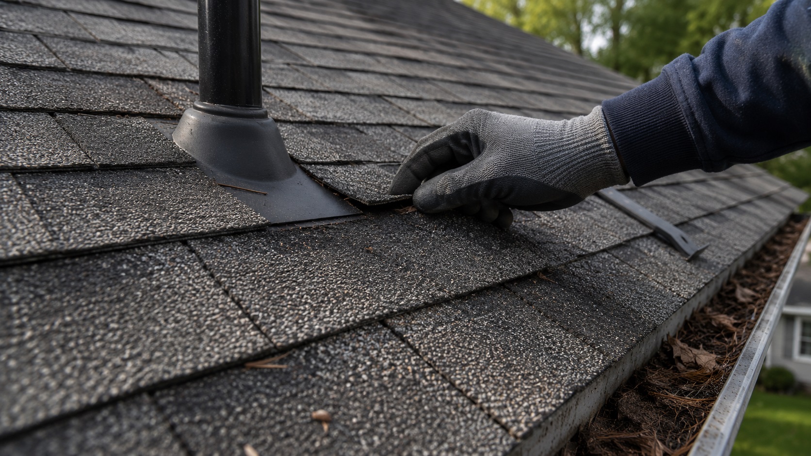 Roofer wearing rubber-coated gloves inspects asphalt shingles around a roof vent boot near a gutter with leaves and debris.