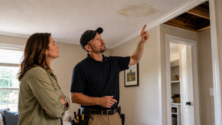 A roofing contractor points toward a ceiling water stain while explaining possible roof leak repairs to a homeowner during an indoor consultation.