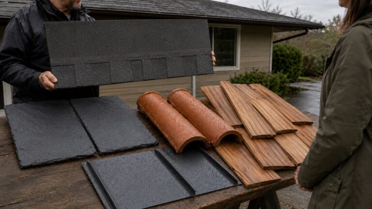 Contractor showing a homeowner large samples of asphalt shingles, slate, terracotta tile, standing-seam metal, and cedar shakes on a damp outdoor worktable.