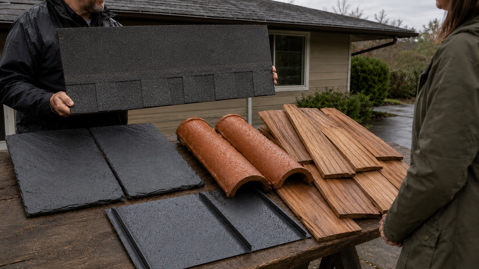 Contractor showing a homeowner large samples of asphalt shingles, slate, terracotta tile, standing-seam metal, and cedar shakes on a damp outdoor worktable.