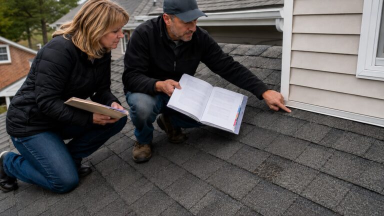 A roofing contractor and homeowner review warranty documents while inspecting localized granule loss and a roof-to-wall siding detail on an asphalt-shingle roof.