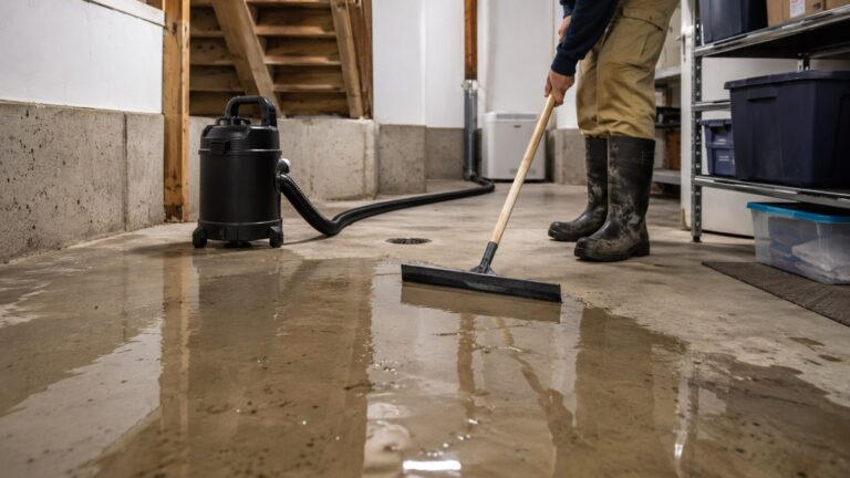 Homeowner in rubber boots uses a squeegee to push shallow standing water across a basement floor toward a drain near a wet/dry vacuum.