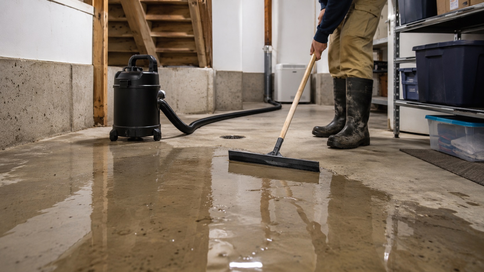 Homeowner in rubber boots uses a squeegee to push shallow standing water across a basement floor toward a drain near a wet/dry vacuum.