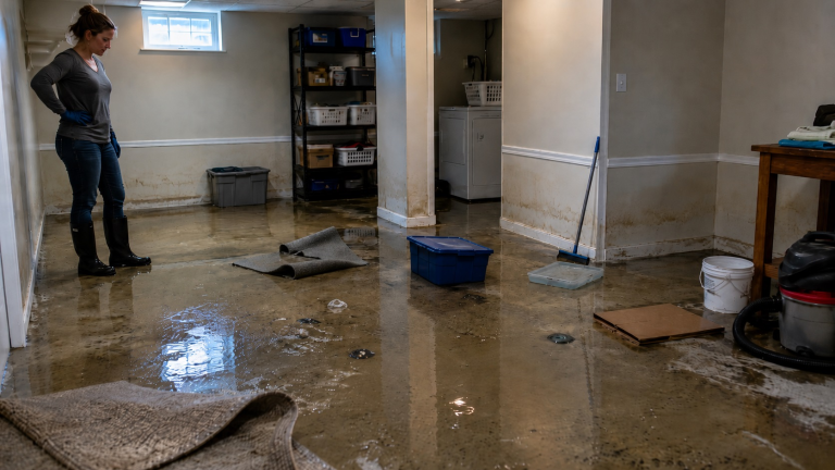 Homeowner in rubber boots and gloves inspecting a flooded basement with shallow water, loose rugs, debris, storage bins, cardboard, and cleanup tools.