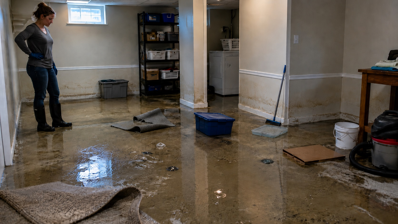 Homeowner in rubber boots and gloves inspecting a flooded basement with shallow water, loose rugs, debris, storage bins, cardboard, and cleanup tools.