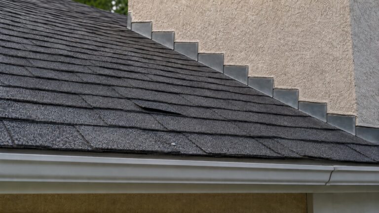 Residential asphalt shingle roof with exposed nails, a lifted shingle tab, uneven courses, and incorrectly installed flashing along a stucco chimney.