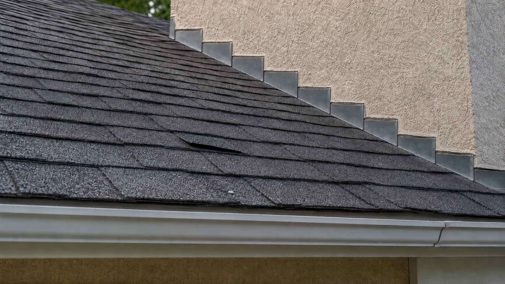 Residential asphalt shingle roof with exposed nails, a lifted shingle tab, uneven courses, and incorrectly installed flashing along a stucco chimney.